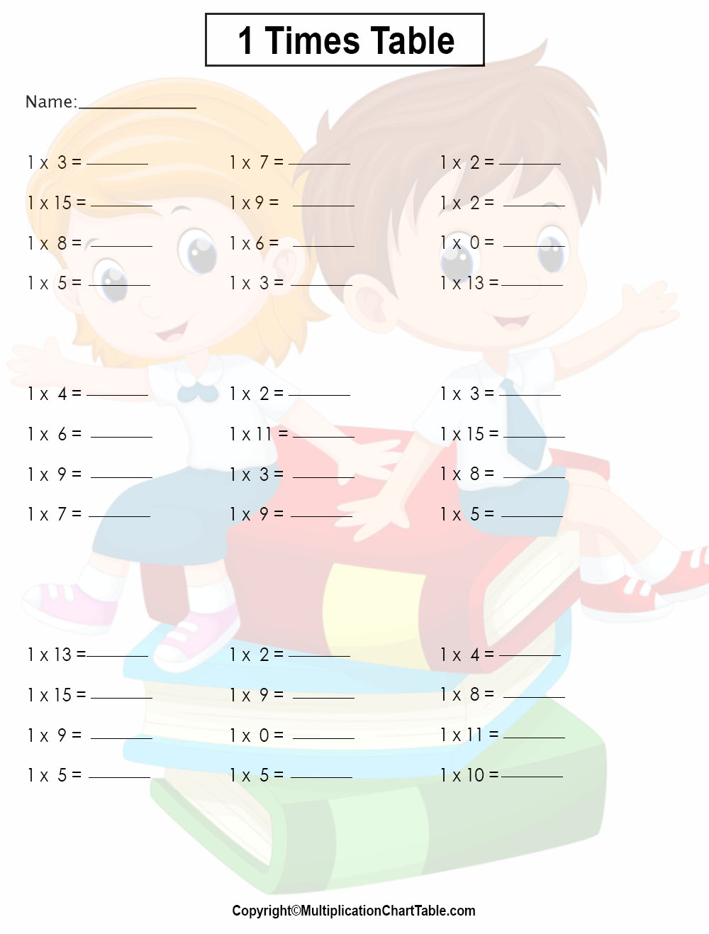 1 times table worksheets