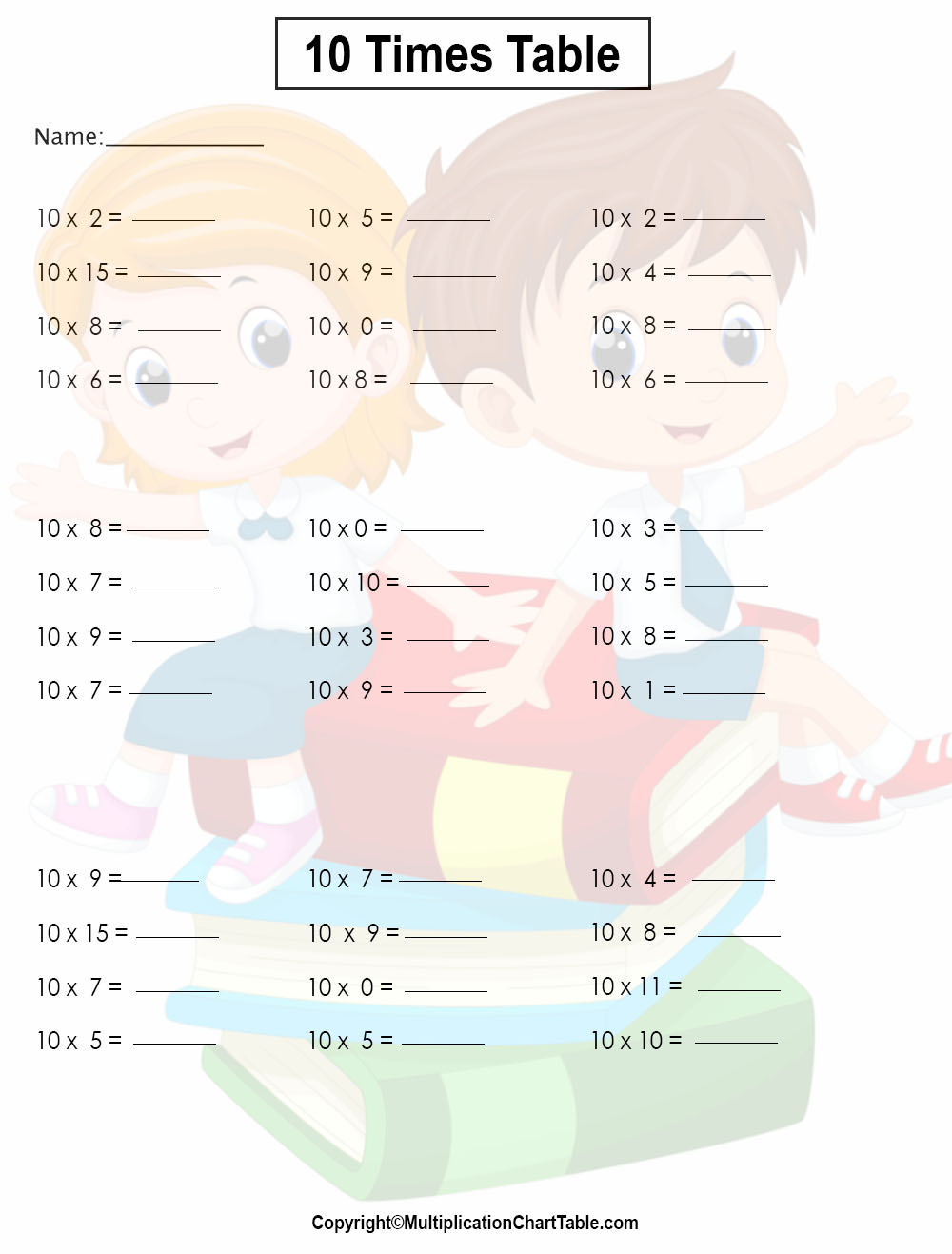 10 times table worksheets