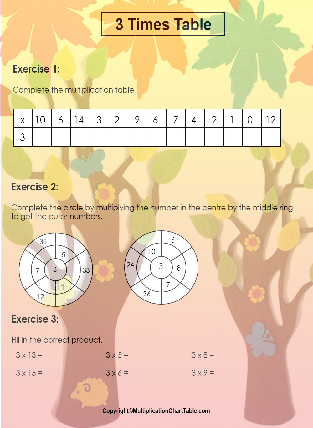 3 times table worksheets