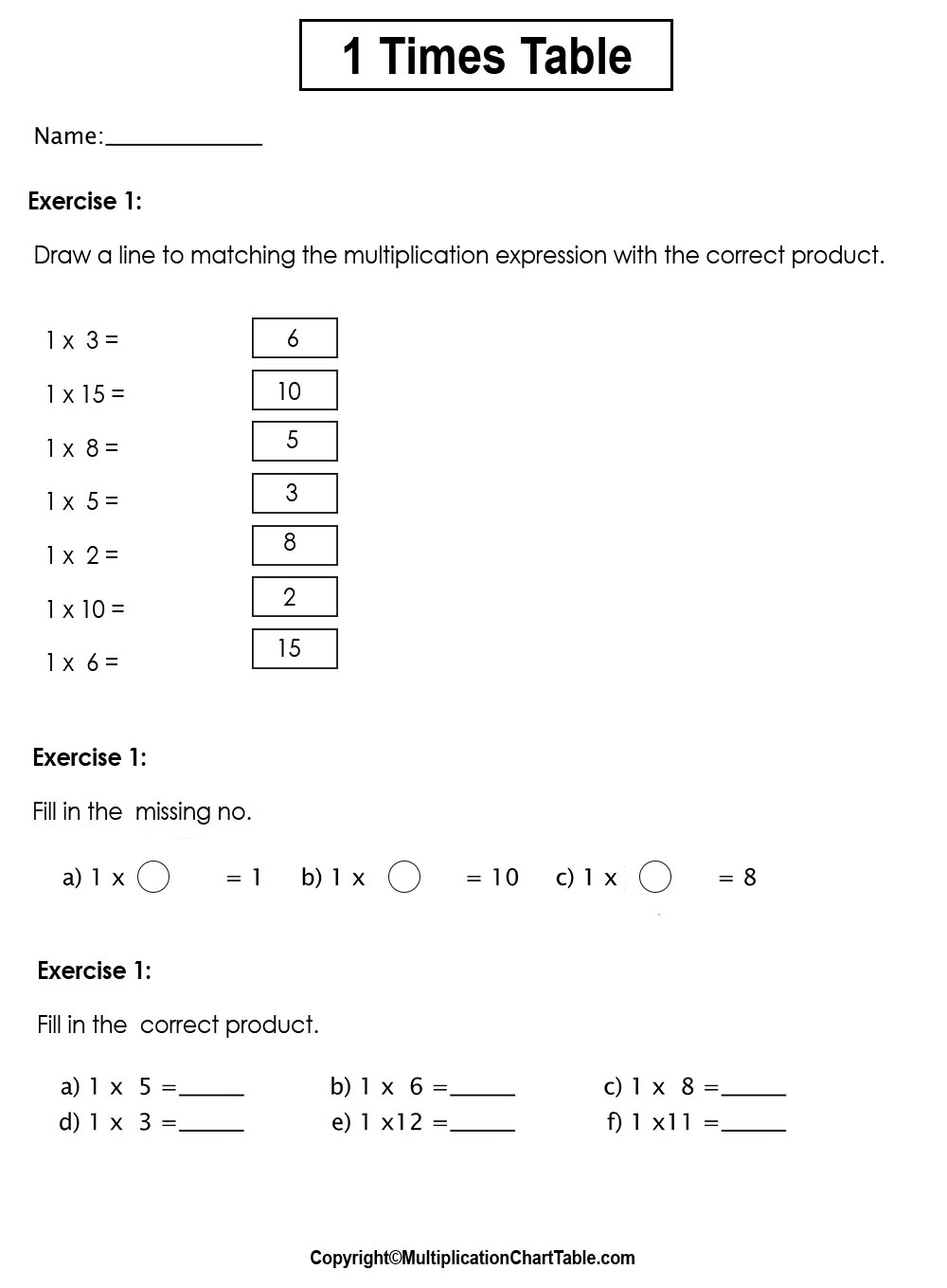1 Multiplication Table Worksheet 1 Times Table Worksheets