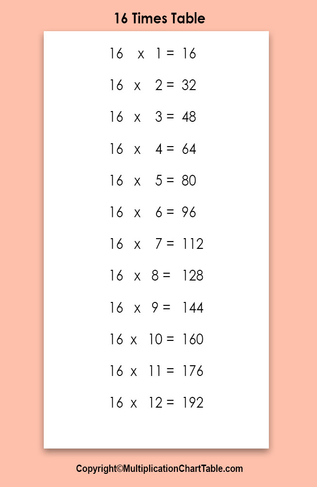 multiplication 16 times table