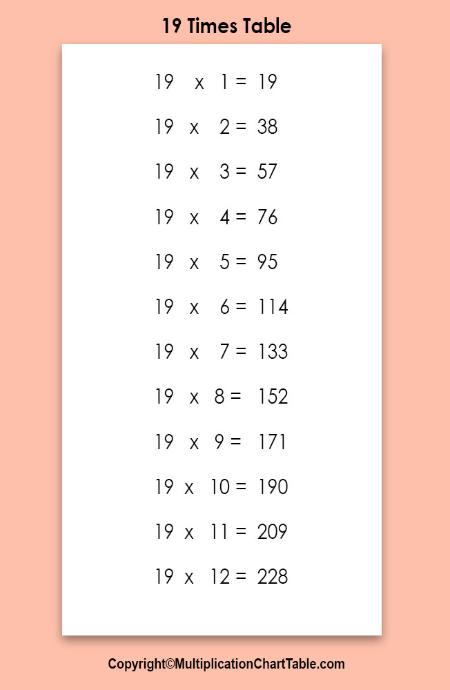 multiplication 19 times table