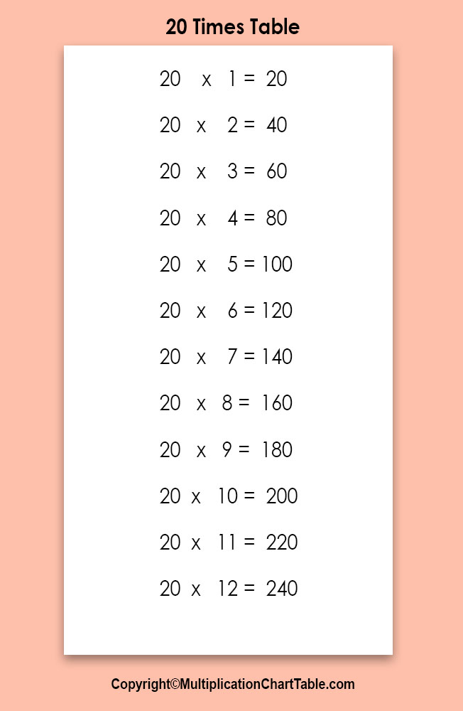 multiplication 20 times table