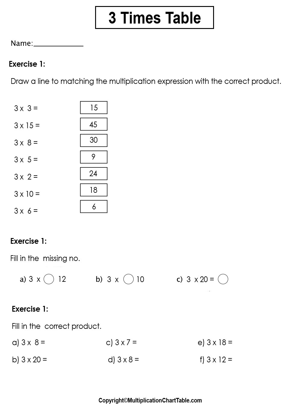  3 Multiplication Table Worksheet 3 Times Table Worksheets