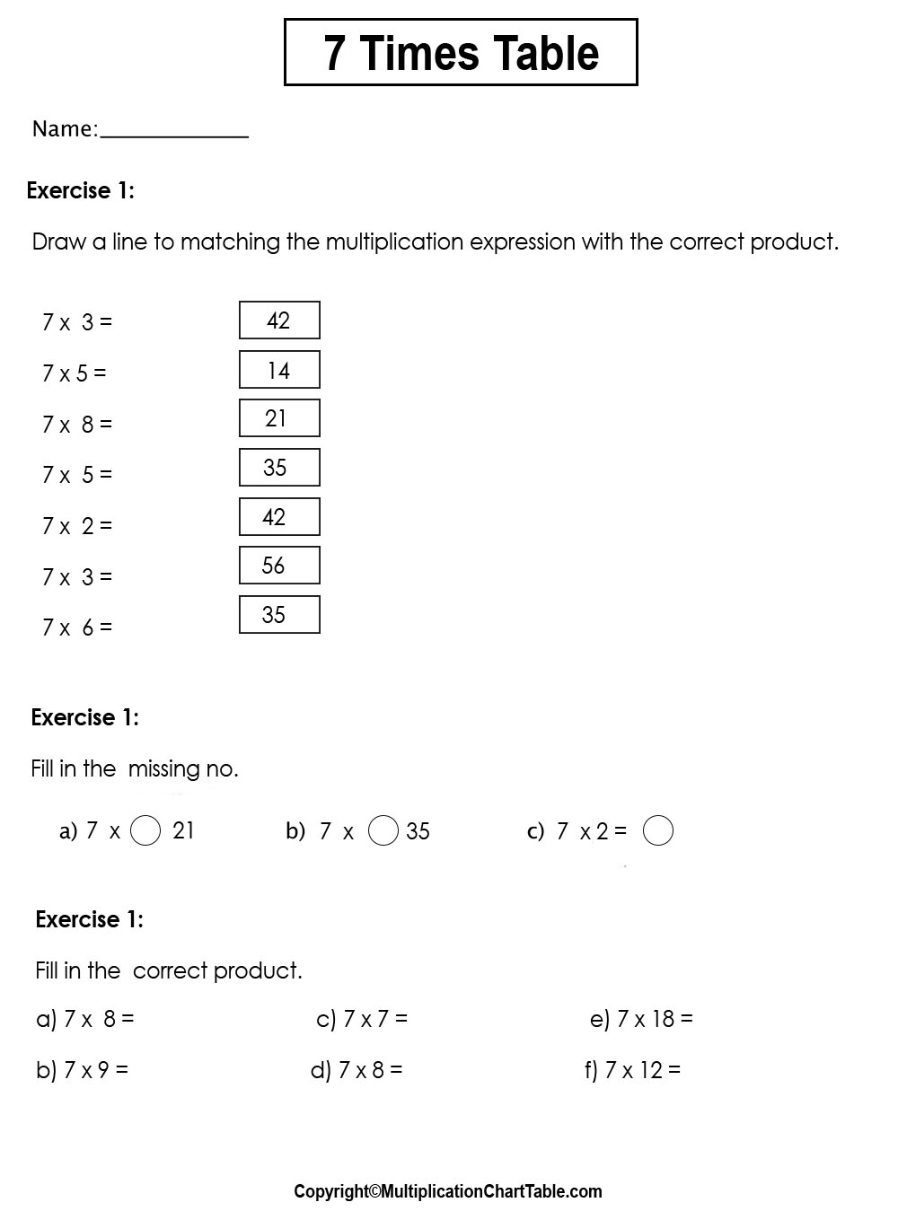 7 Multiplication Table Worksheet 7 Times Table Worksheets